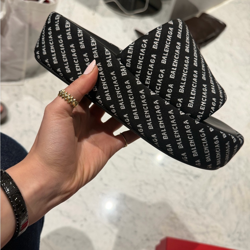 Balenciaga Black and White Logo Padded Slide Sandals - Picture 2 of 5